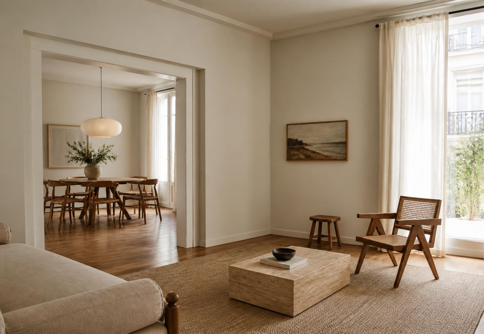 Warm, minimally furnished living room of a renovated Athens apartment