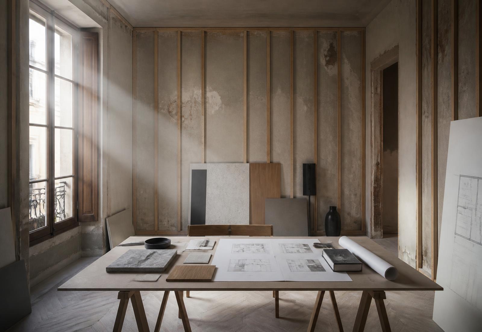Athens apartment renovation in progress with material samples and drawings